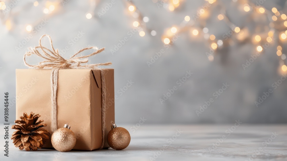 Poster a brown box with a ribbon on top of it. the box is decorated with gold balls and pine cones