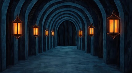 Obraz premium Gothic archway, flickering lanterns, winding path, Watercolor style