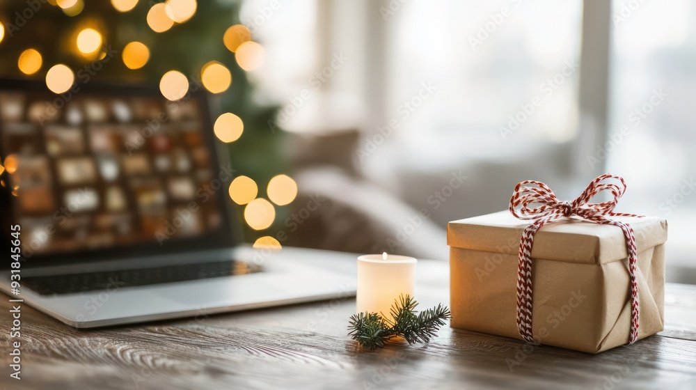 Aufkleber a laptop is open on a wooden table with a box of presents and a candle. the laptop screen is filled 