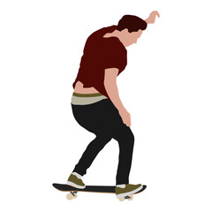 Dynamic silhouette of skateboarder performing mid-air trick. Skate flip trick. Colored vector illustration of silhouette. Fluid motion and athletic skateboarding skill	