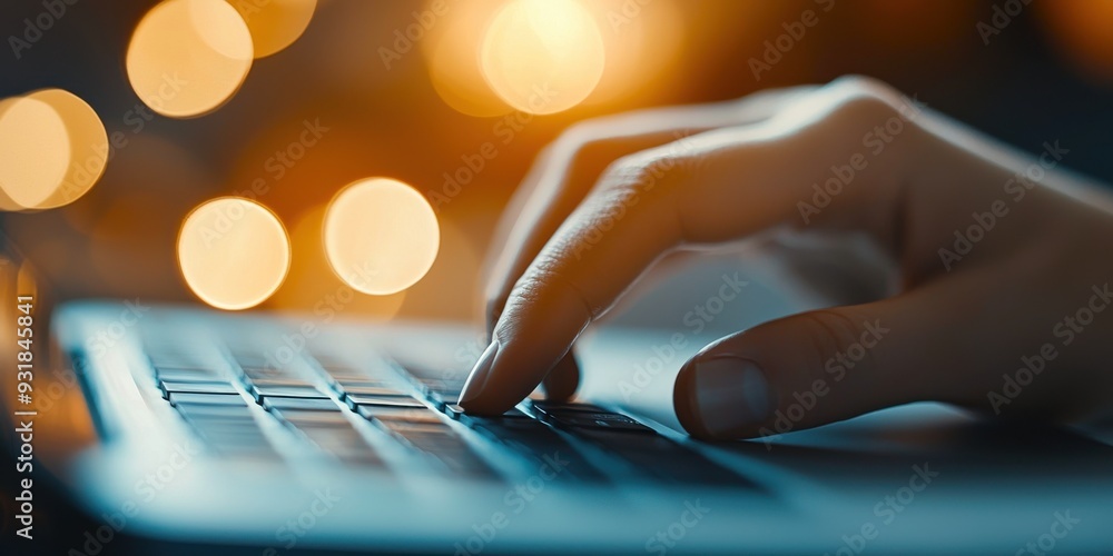 Poster close-up of a hand typing on a laptop keyboard, illuminated by warm bokeh lights, creating a cozy an