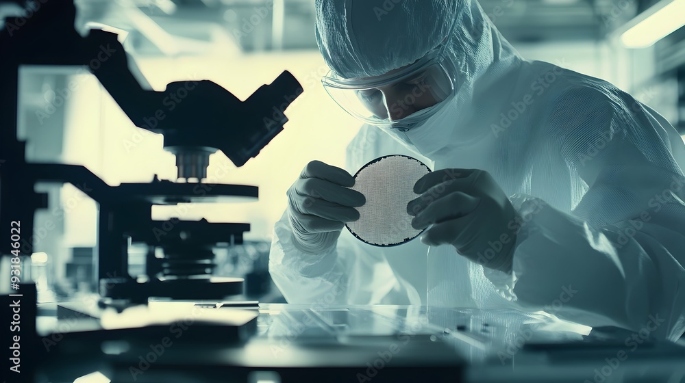 Poster scientist examining sample through microscope in laboratory workspace