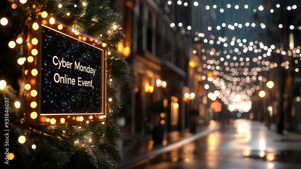 Poster a sign with the words cyber monday online event written on it is hanging from a christmas tree. the 