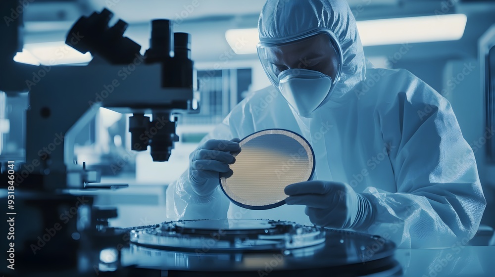 Poster scientist examining sample through microscope in modern laboratory
