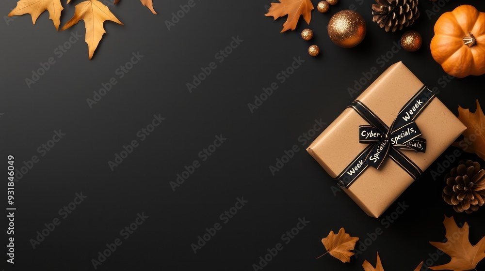 Poster a box with a bow on it sits on a black background with autumn leaves and pinecones