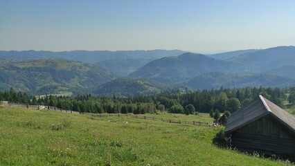 mountains in summer, carpathians, beautiful view of mountains and houses in mountains, countryside
