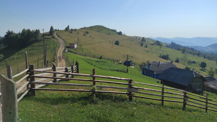 mountains in summer, carpathians, beautiful view of mountains and houses in mountains, countryside