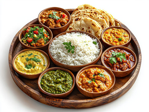 A wooden tray with a variety of Indian food, including rice, curry, and naan