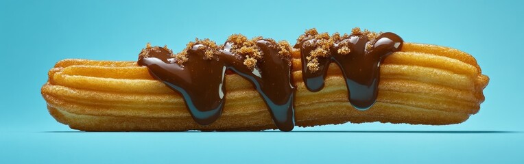 Delicious churro drizzled with rich chocolate sauce and topped with crunchy bits, perfect for dessert lovers and food enthusiasts.