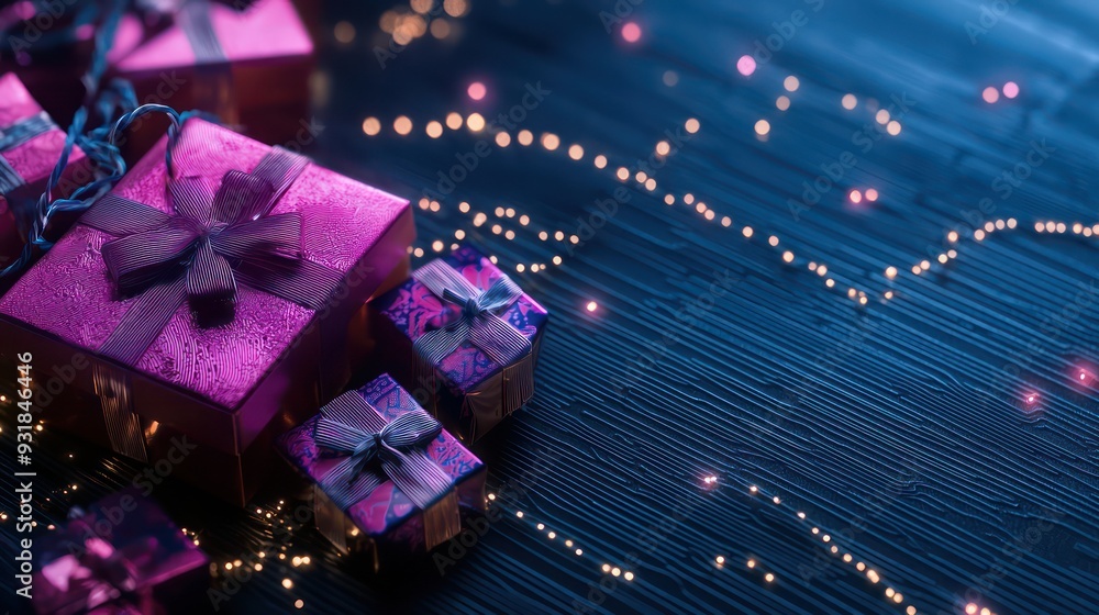 Poster a blue background with a pink box and two other pink boxes on it. the boxes are decorated with ribbo