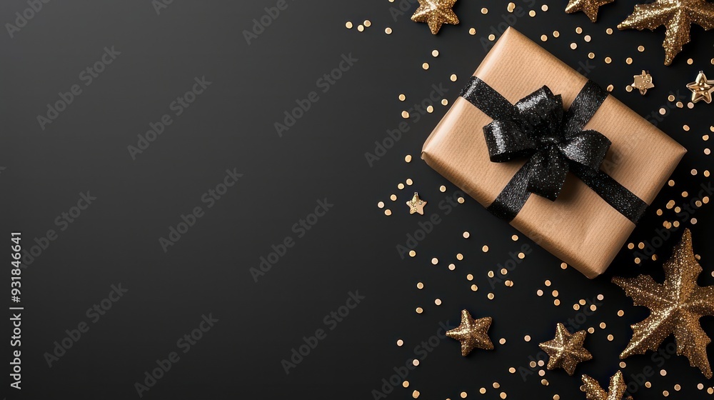 Poster a box with a black bow on top of a black background with gold stars scattered around it. concept of 