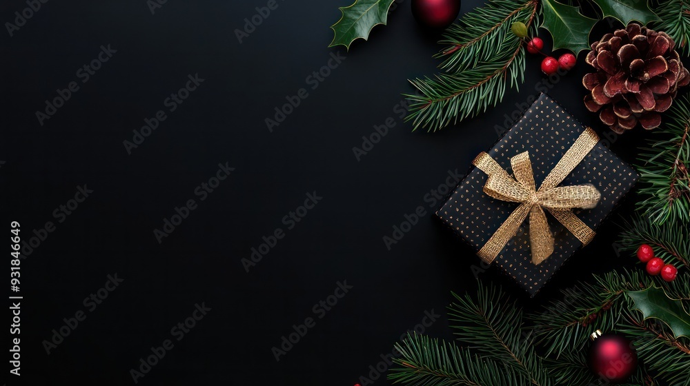 Poster a black background with a gold ribbon and a black box with a red bow on top. the box is surrounded b
