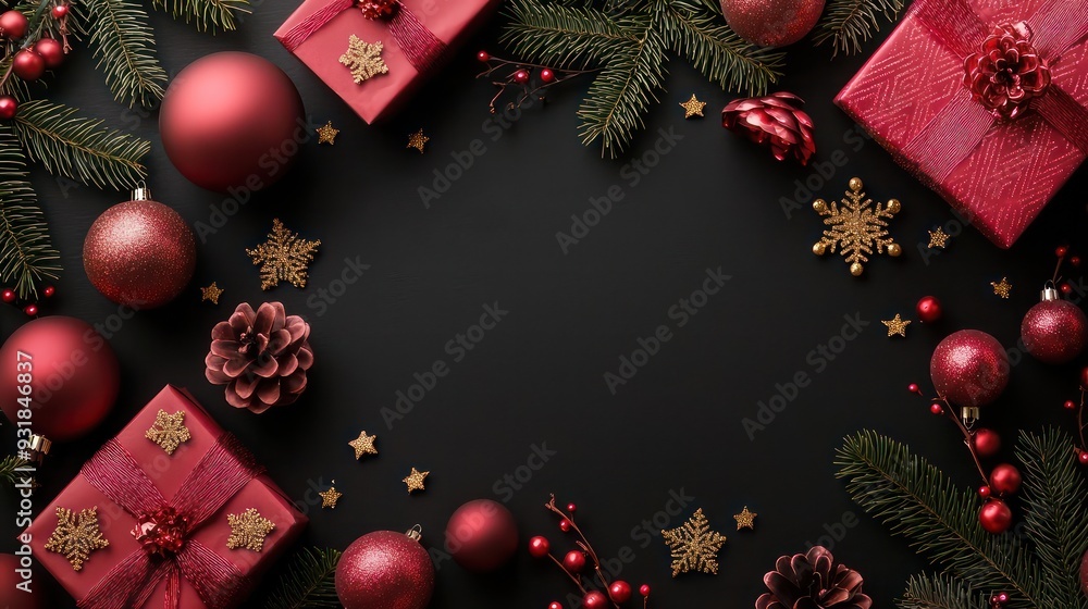 Poster a black background with red boxes and red balls. the image conveys a festive and joyful mood, likely