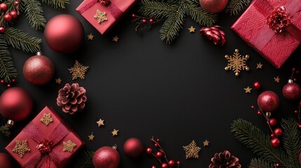 A black background with red boxes and red balls. The image conveys a festive and joyful mood, likely for the holiday season