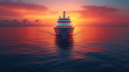 A luxury yacht sailing towards a vibrant sunset over calm waters.