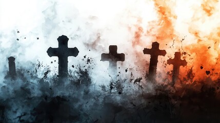 Old graveyard, crumbling tombstones, foggy atmosphere, Watercolor style