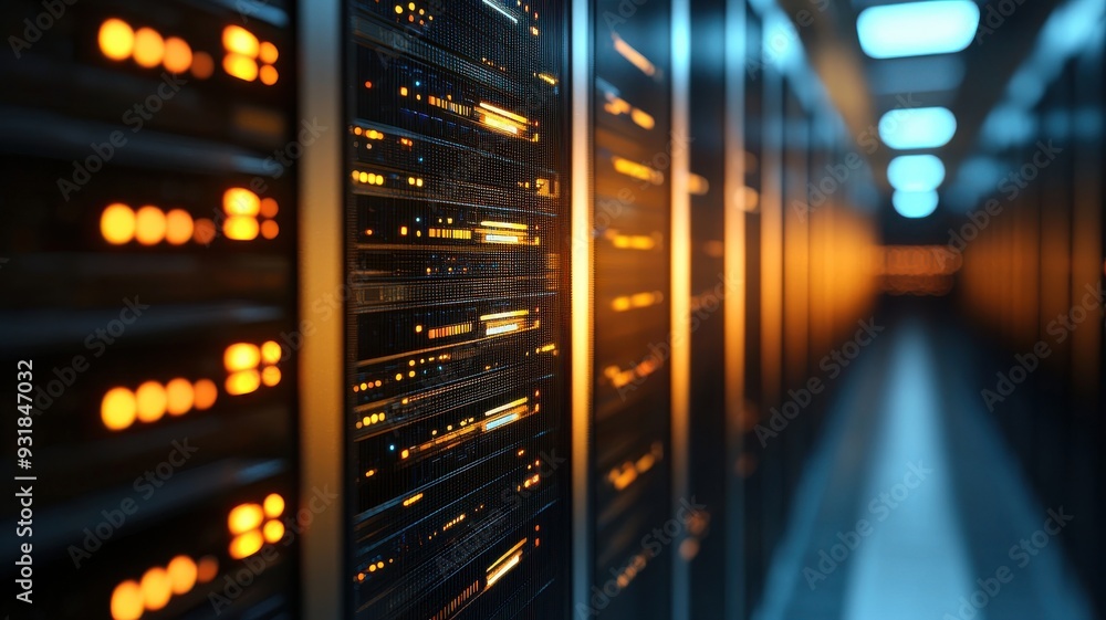 Poster close-up of illuminated server racks in a data center, showcasing technology and modern infrastructu