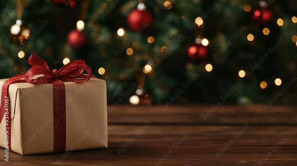 Poster a brown box with a red ribbon sits on a wooden table. the box is decorated with red and gold ribbons