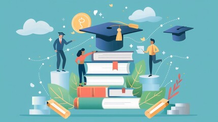 A group of diverse students stand on a stack of books, celebrating their academic success