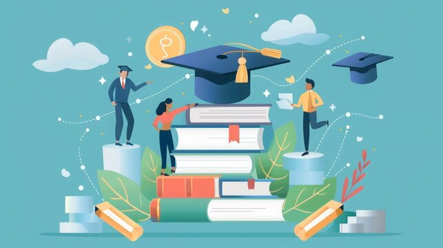 A group of diverse students stand on a stack of books, celebrating their academic success