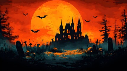 Vector flat design Halloween scene with a haunted castle, flying bats, and a graveyard, illustrated on an orange backdrop.