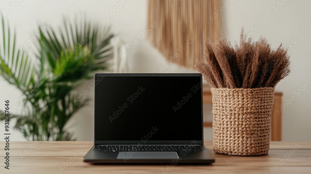Poster a laptop is open on a table next to a basket of brown flowers. the scene is simple and minimalistic,