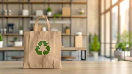 Eco-friendly paper bag with recycling symbol on a wooden table in a modern interior with plants and shelves in the background.