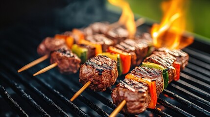 A group of meat skewers on a grill with a fire underneath