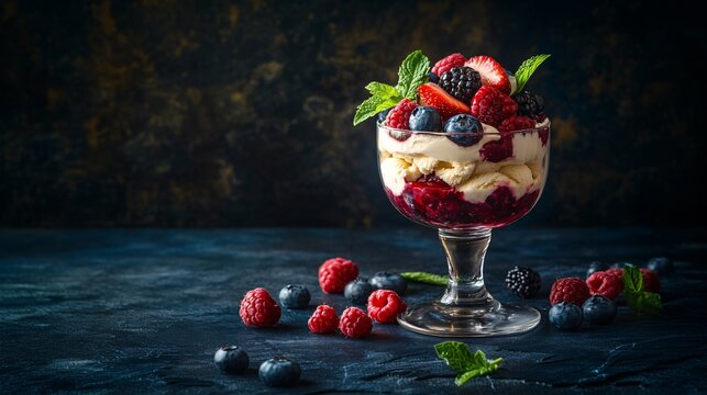A close-up of a luxurious ice cream parfait in a high-end glass, with layers of creamy ice cream, fresh berries, and a hint of mint leaves for added elegance Camera lens 50mm studio shot for Hi-end