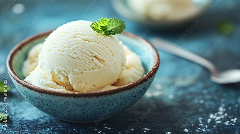 Poster an artistic composition of a single scoop of ice cream in an elegant dish, with a minimalistic backd