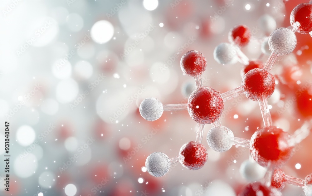 Poster close-up view of a molecular structure with colorful atoms on a blurred background, ideal for scient
