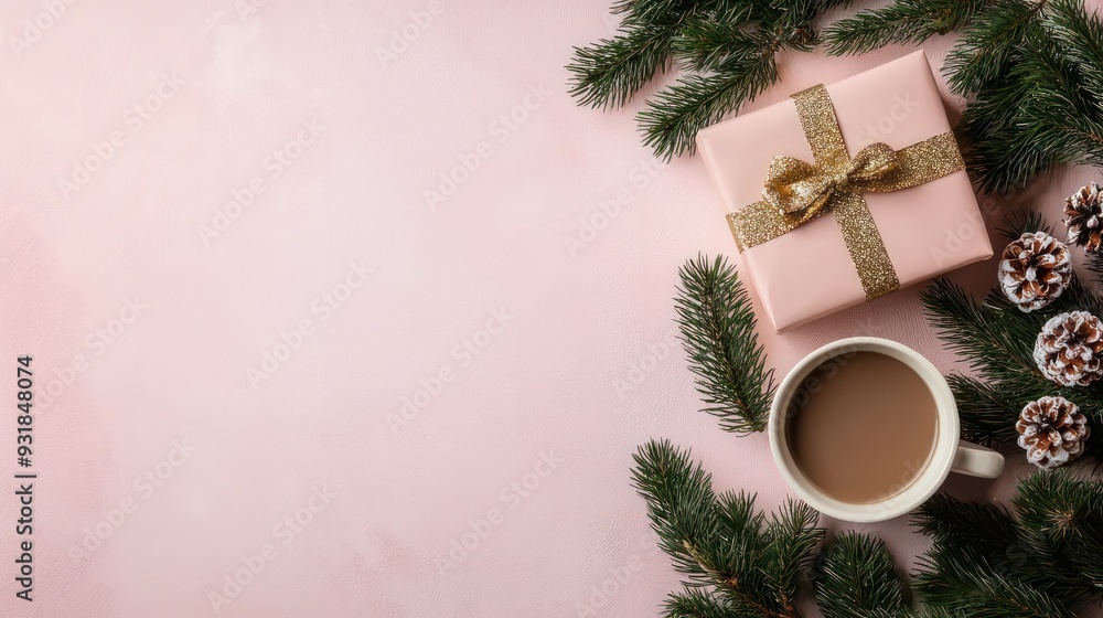 Poster a white cup of coffee sits on a table next to a pink box with a gold ribbon. the image has a festive