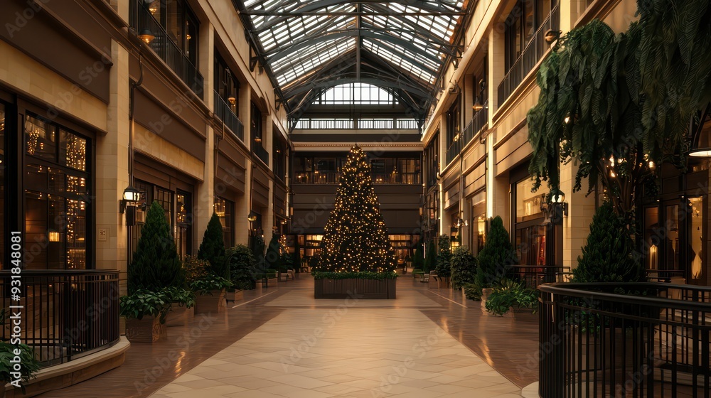 Poster a large christmas tree is in the middle of a large, open space. the space is filled with potted plan