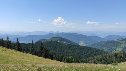 mountains in summer, carpathians, beautiful view of mountains and houses in mountains, countryside