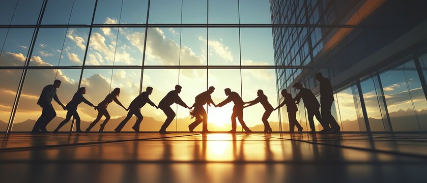 Illustrate a breathtaking long shot of teamwork in a photorealistic style, highlighting cooperation and collaboration among individuals in a professional setting