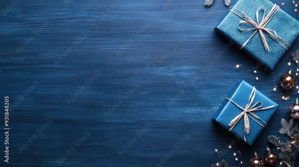 Poster a blue background with two blue boxes on it. the boxes are wrapped in ribbon and have a bow on top