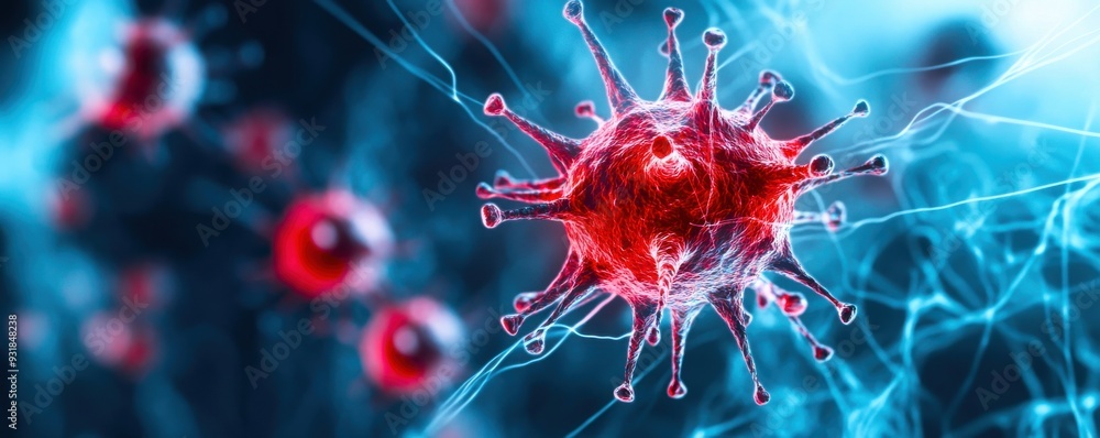 Poster close-up view of a virus particle with vibrant red color against a blurred blue background, showcasi