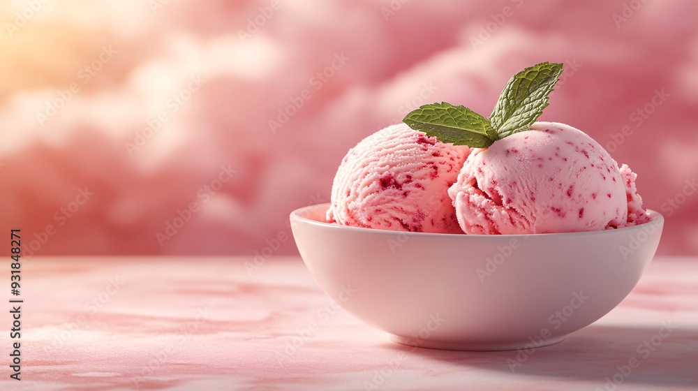 Poster an artistic composition of a single scoop of ice cream in an elegant dish, with a minimalistic backd