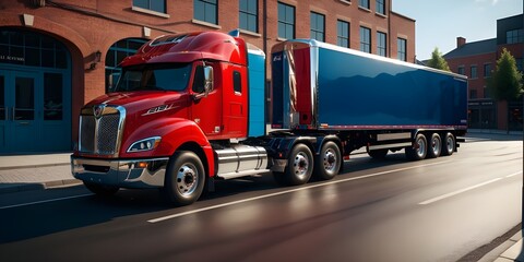 Naklejka premium Red and Blue Semi Truck Driving in Urban Downtown Area