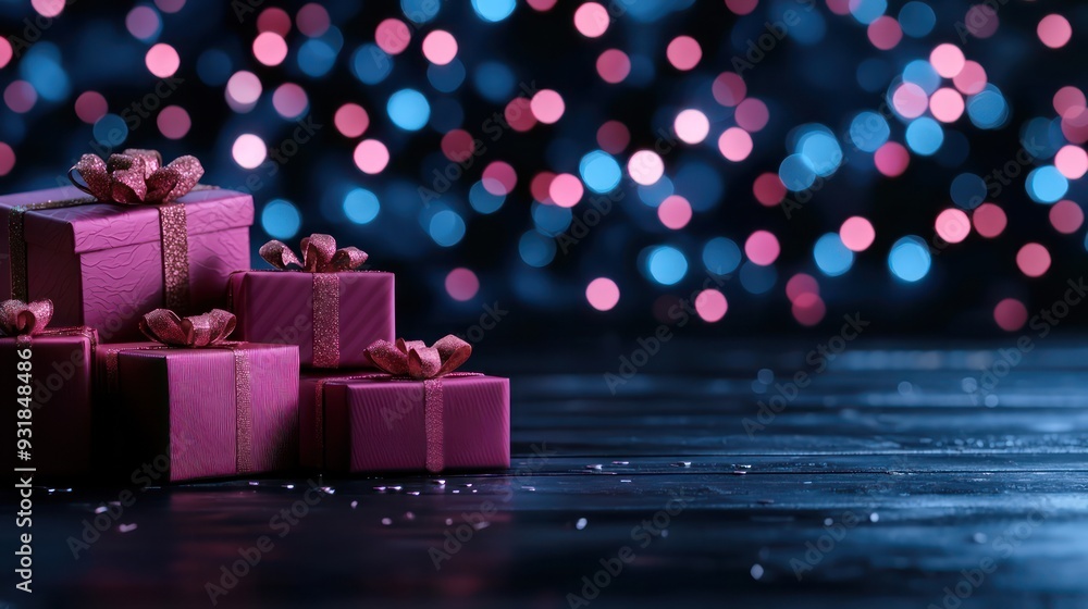 Poster A stack of pink boxes with ribbons on top of a wooden table. The boxes are decorated with bows and are arranged in a pyramid shape. Concept of celebration and joy