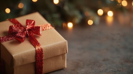A brown box with a red bow on top of it. The box is sitting on a table