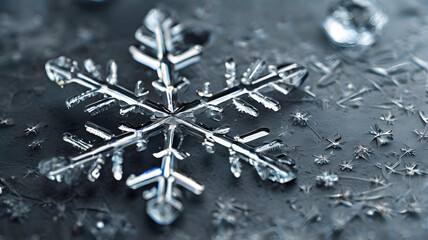 crystalline snowflakes delicately resting on a thin layer of ice