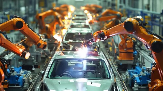 Industrial robots welding car frames in an automotive manufacturing plant.