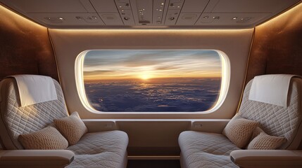Airplane Seats with a View of a Sunset Over Clouds