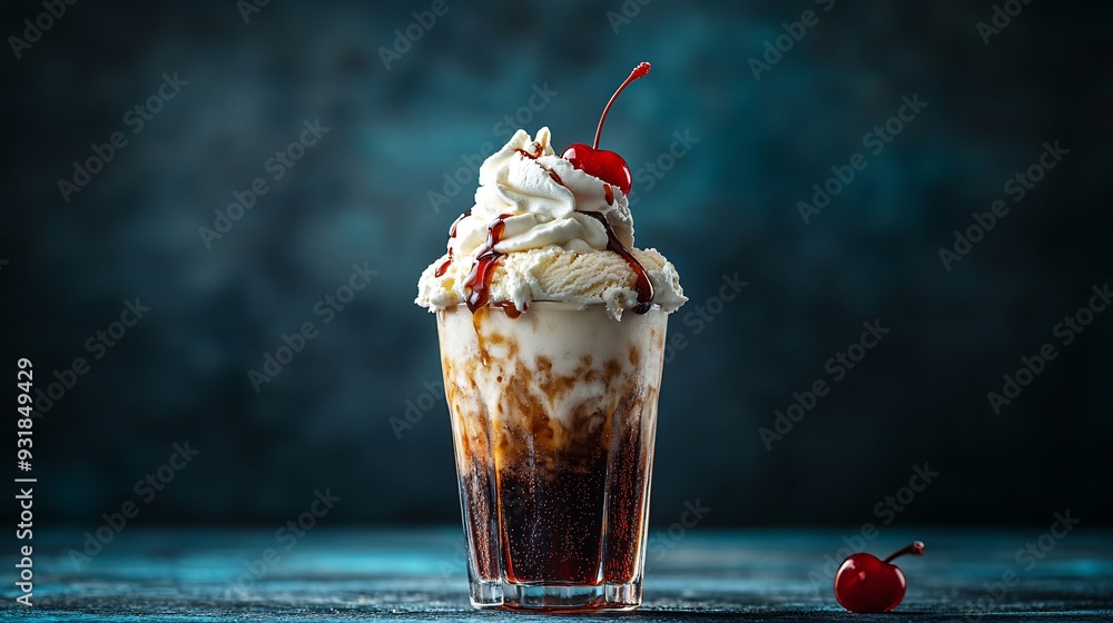 Poster a close-up view of a rich and creamy ice cream float, with a perfectly fizzy soda, topped with a gen