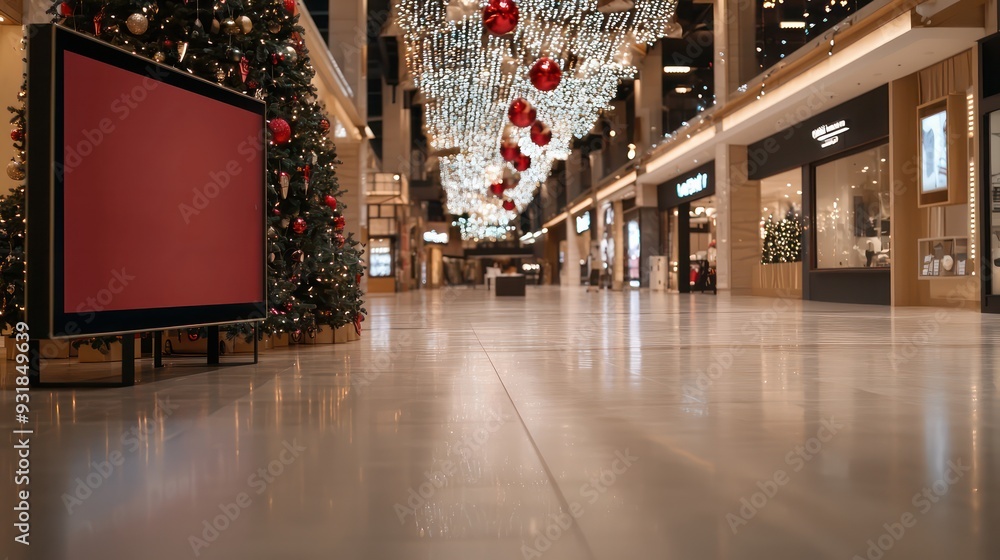 Poster a large empty mall with a red sign and a christmas tree