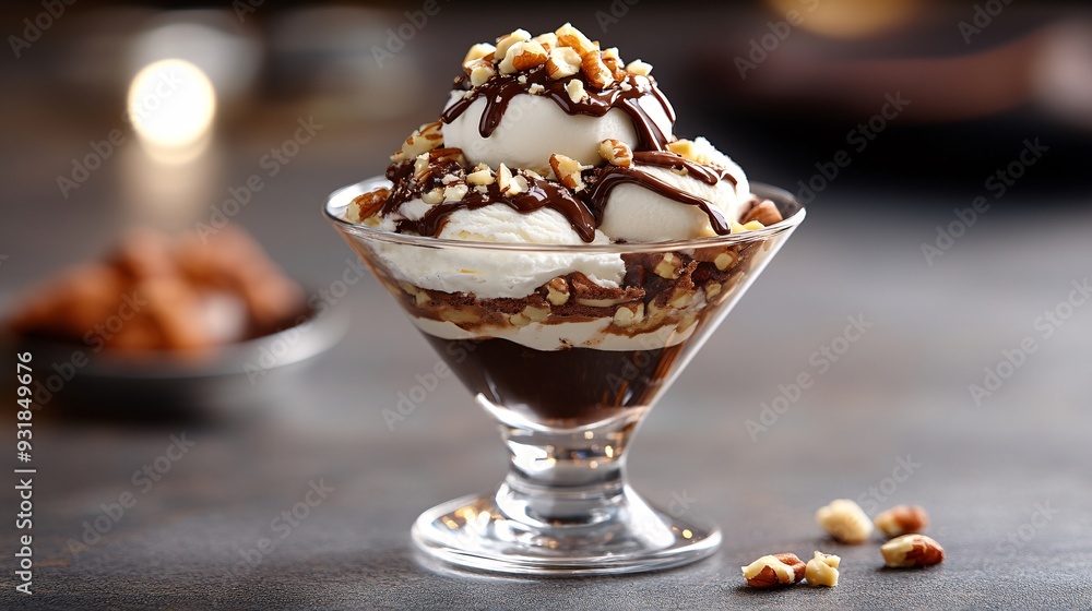 Aufkleber a sophisticated image of a classic ice cream sundae in an upscale glass bowl, featuring layers of va