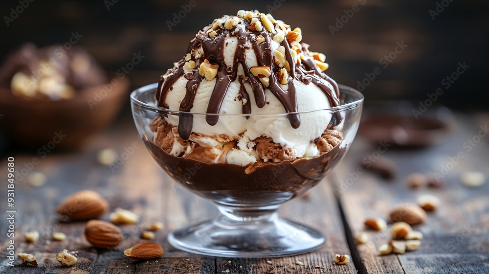 Poster a sophisticated image of a classic ice cream sundae in an upscale glass bowl, featuring layers of va