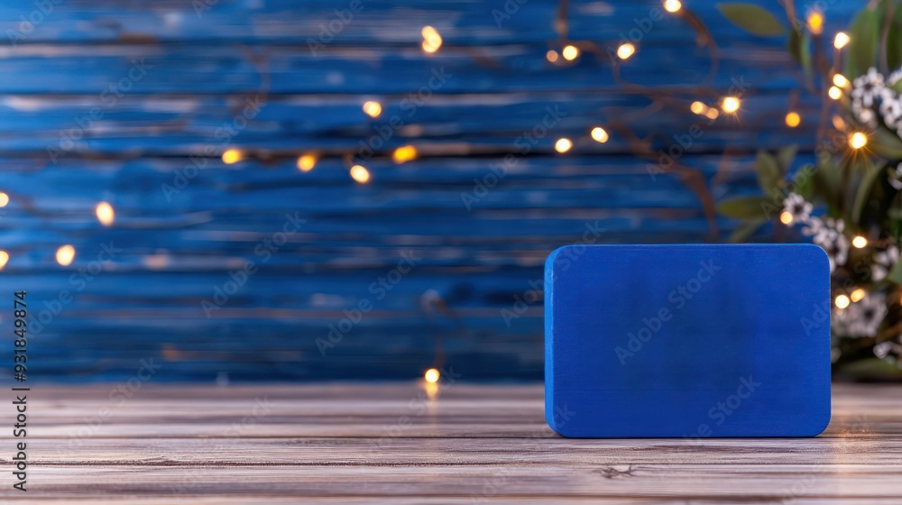 Poster a blue box sits on a wooden table. the blue box is the main focus of the image
