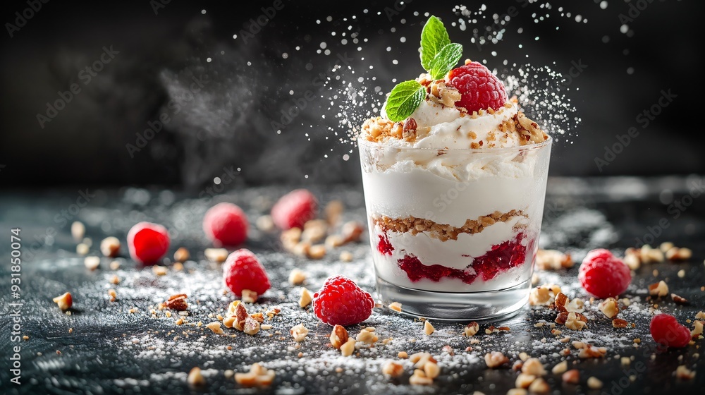 Poster an elegant presentation of a modern ice cream dessert with a unique flavor combination, beautifully 